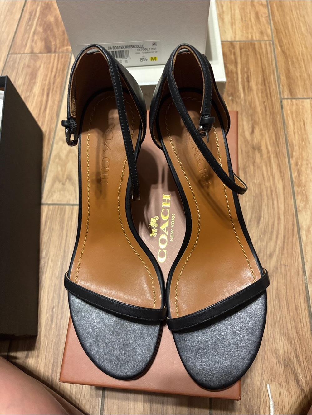 COACH Black Leather Open-Toe Ankle Strap Heels